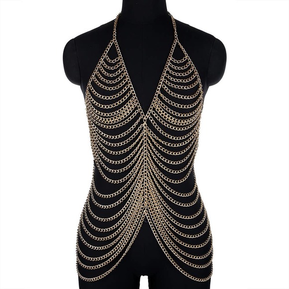 Sexy Top Halter Body Chain Jewelry Multi Layered Gold Statement Necklace - Picture 6 of 8
